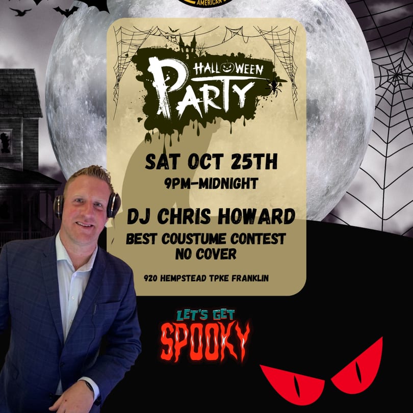 A Halloween party flyer with a DJ, haunted house, full moon, and event details.