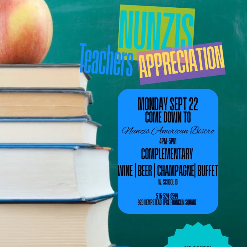 Nunzi's American Bistro Teachers Appreciation event flyer with an apple, books, and event details.