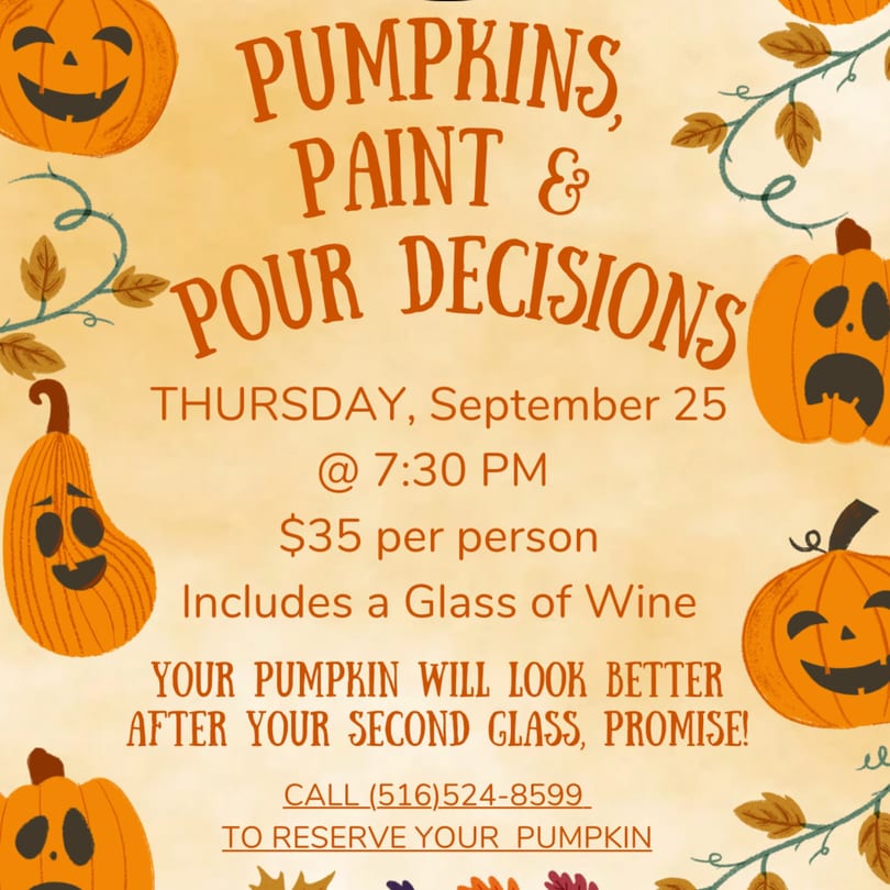 A flyer for a "Pumpkins, Paint & Pour Decisions" event with carved pumpkins and fall leaves.
