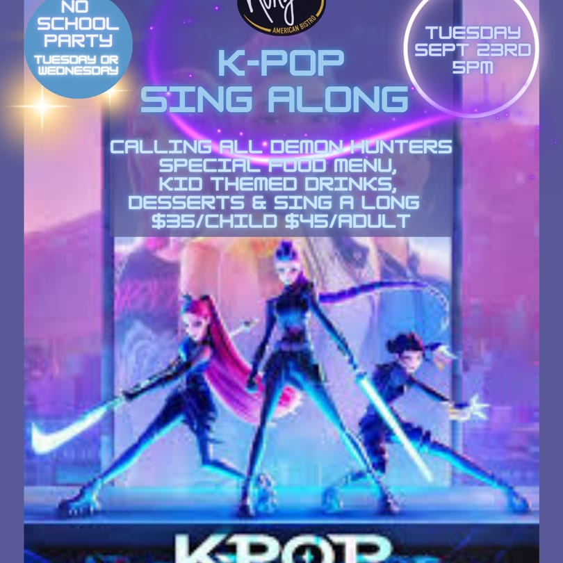 A K-Pop Sing Along event flyer with anime characters, special food, drinks, and pricing details.