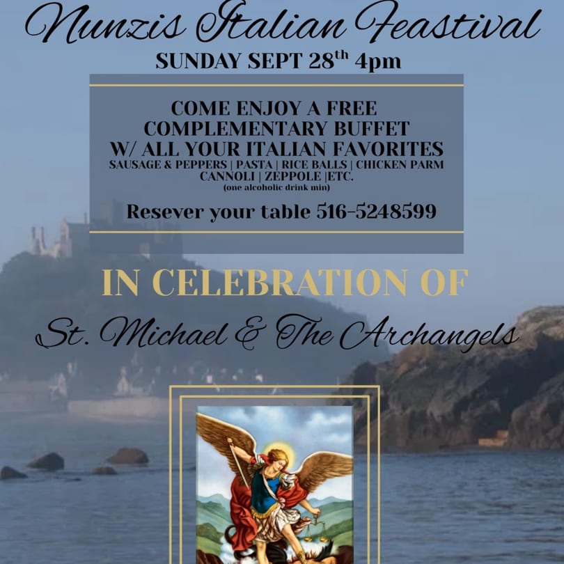 A promotional flyer for Nunzi's Italian Feastival with a background of a castle by the sea.